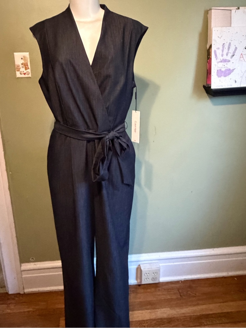 Calvin Klein Dark Denim Gray Sleeveless Wrap Jumpsuit size 12